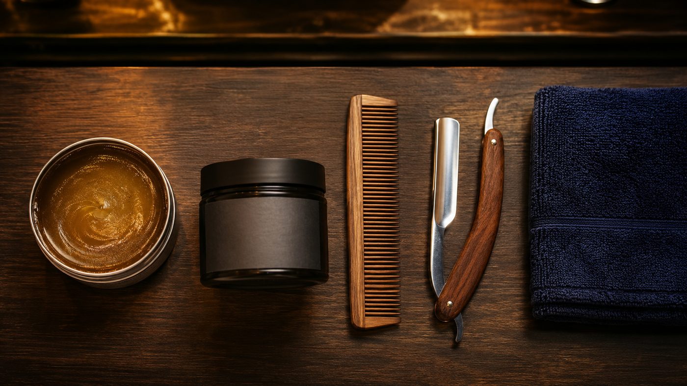 Pomade, clay, comb and razor on a barbershop counter