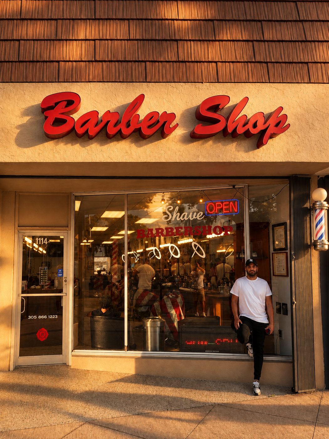 Shave Barbershop storefront on Normandy Drive, Miami Beach — red script sign over the glass door