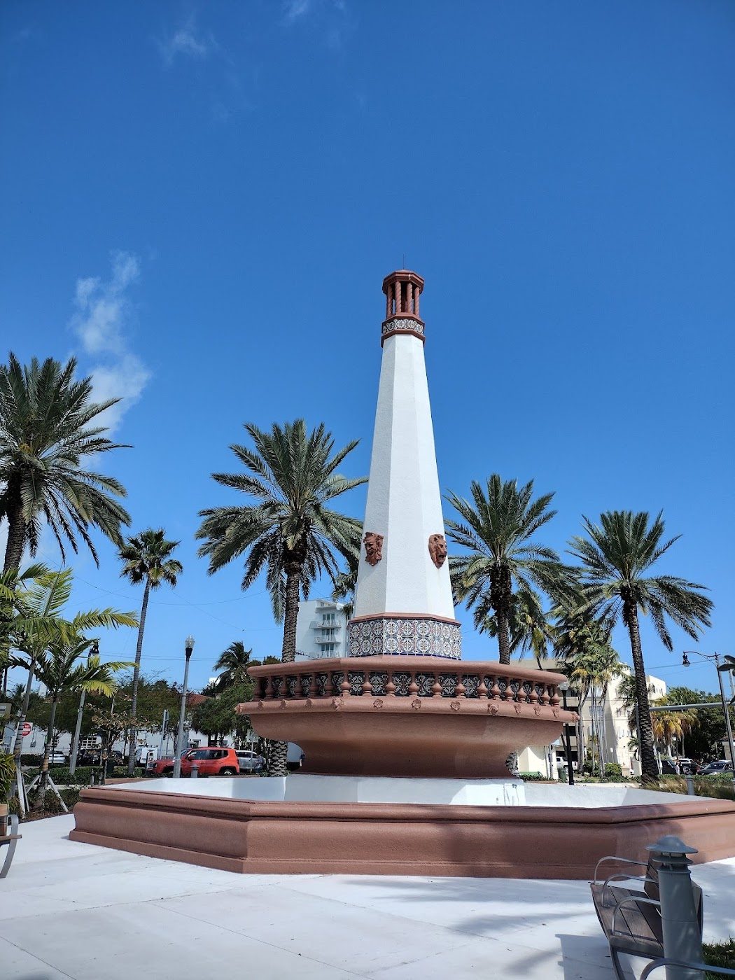 The Normandy Isle fountain and palm trees in North Beach, Miami Beach